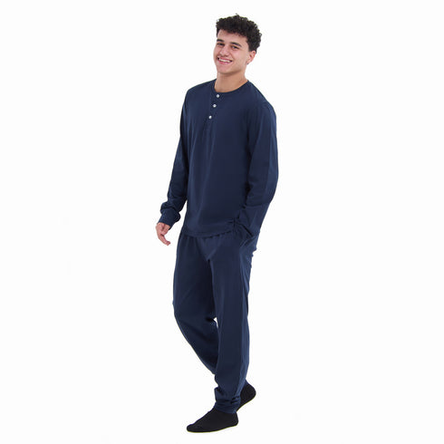 Men Fall Pajama Set Dark Blue Buttoned Sweatshirt + Pants